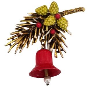 ART Arthur Pepper Vintage Christmas Pine Cone Bough Bell  Pin Brooch Signed M924